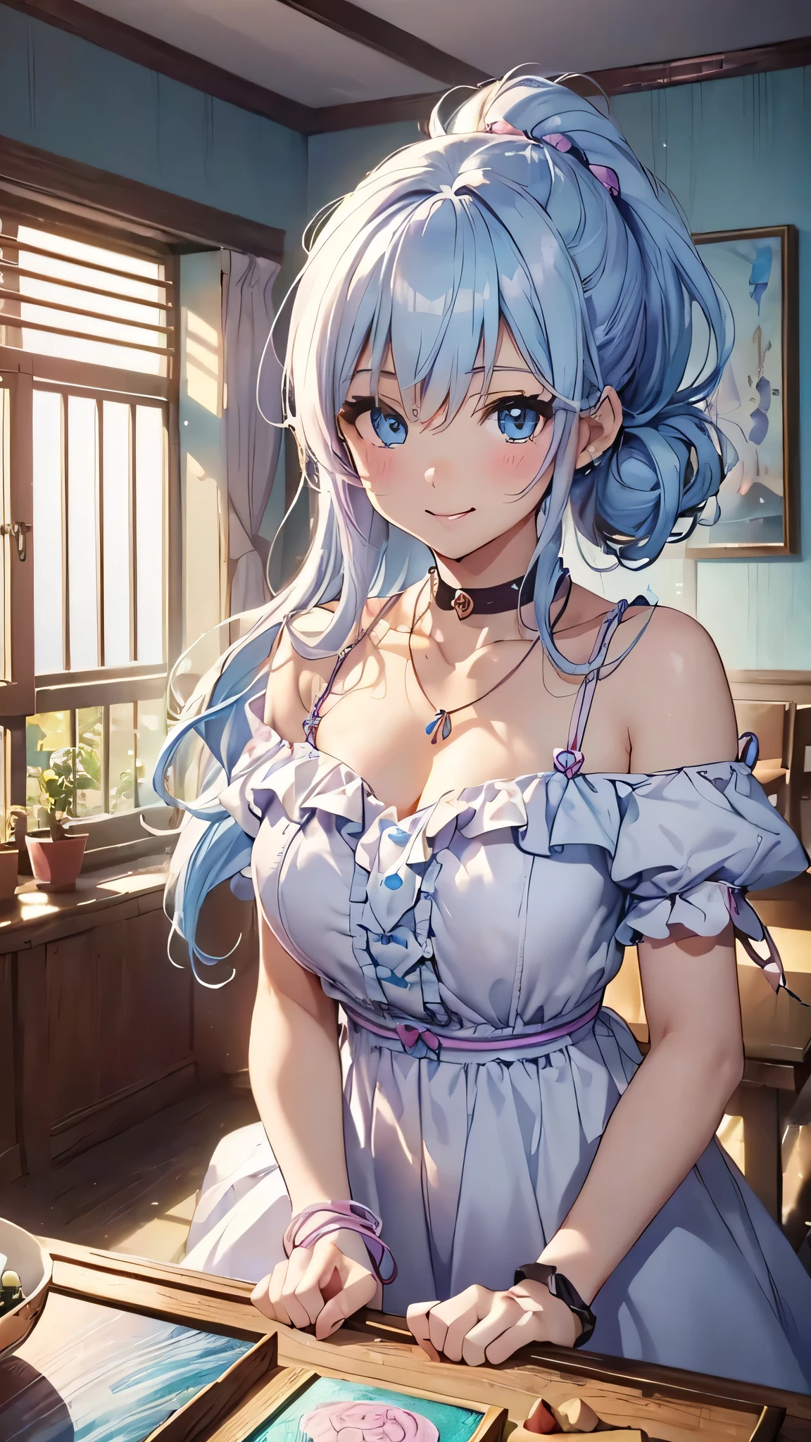 最high quality、Best image quality、masterpiece、With a girl((cute、18-year-old、Best Bust、Medium Bust、Beautiful Blue Eyes、Spread your chest wide,pastel hair、ponytail、Disheveled Hair、thin、Highest Valley、Pastel dress、smile、necklace、Wristband、)）high quality、Beautiful art、background((Private room、Pastel Room、Cute Room)),Tabletop、Exquisite design、Visual Arts、Written boundary depth、Best lighting、Highest detail、8ｋ