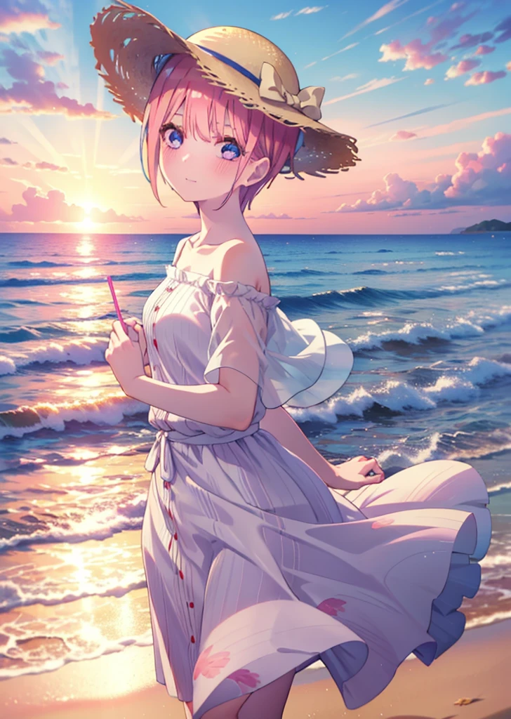 ichikanakano, Nakano Ichika, short hair, bangs, blue eyes, Hair between the eyes, Pink Hair, smile,blush,Open your mouth,Straw hat,White off-shoulder dress,Short sleeve,Long skirt,barefoot,Walking,sunset,evening,The sun is setting,Strolling on the sandy beach,
break outdoors, Beach,
break looking at viewer, whole body,
break (masterpiece:1.2), Highest quality, High resolution, unity 8k wallpaper, (figure:0.8), (Beautiful attention to detail:1.6), Highly detailed face, Perfect lighting, Highly detailed CG, (Perfect hands, Perfect Anatomy),