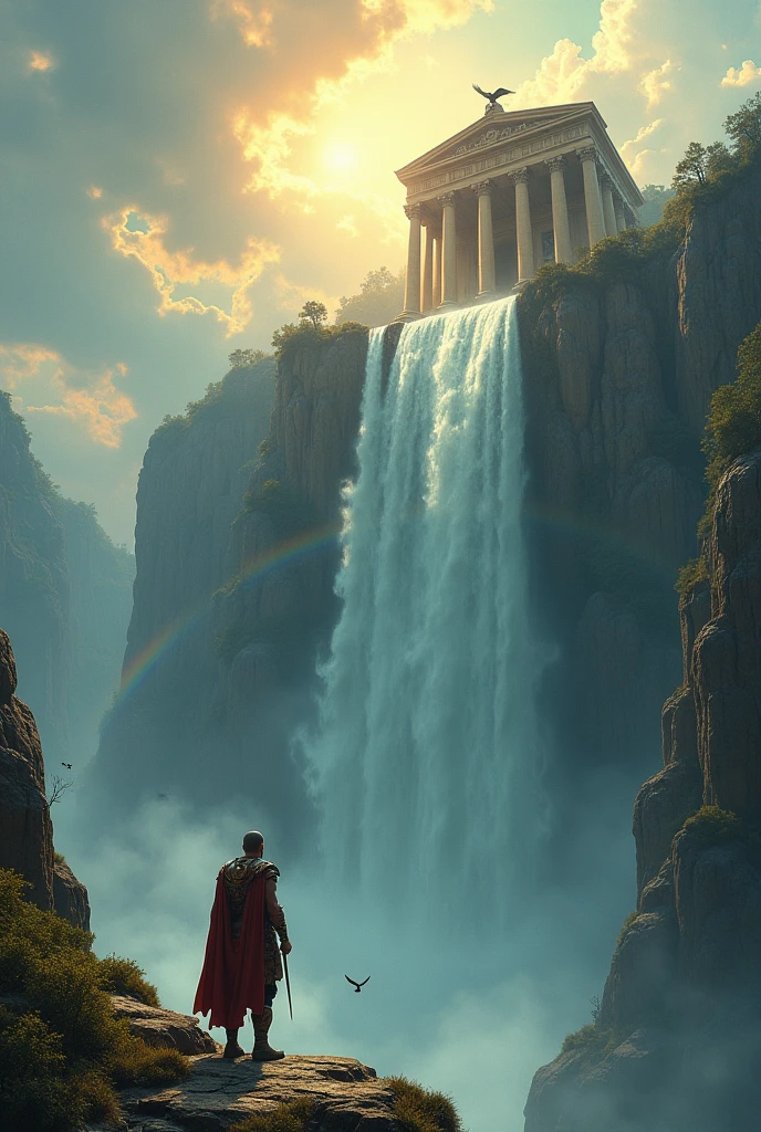 An epic, breathtaking scene set on the edge of a colossal waterfall that cascades from the heavens, seemingly pouring out of the clouds themselves. The waterfall, illuminated by a golden, ethereal light, falls into an endless abyss below, creating a mist that rises and sparkles like diamonds in the sunlight. At the precipice of the waterfall stands a magnificent, ancient temple carved into the cliffside, its architecture a blend of Greco-Roman and fantastical elements, with towering columns and intricate statues of mythical creatures guarding its entrance. In the foreground, a lone warrior in ornate, mythical armor, with a flowing cape, gazes out over the edge, their posture exuding both strength and contemplation. The sky above is a vivid tapestry of swirling clouds, radiant sunbeams, and a faint, distant rainbow arching through the mist. Birds of prey circle above, and the lush, verdant foliage of the surrounding cliffs adds depth and richness to the scene. The colors are intense and dramatic, with deep blues, vibrant greens, and warm golden tones, creating a visual symphony that evokes a sense of grandeur, wonder, and timeless adventure