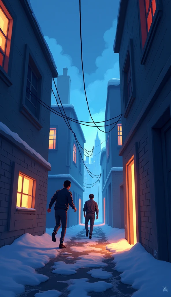 Make an illustration about: two guys who are hacking something and the police discover them and they start running away one jumps out the window and the other goes out the door do everything in Disney format 