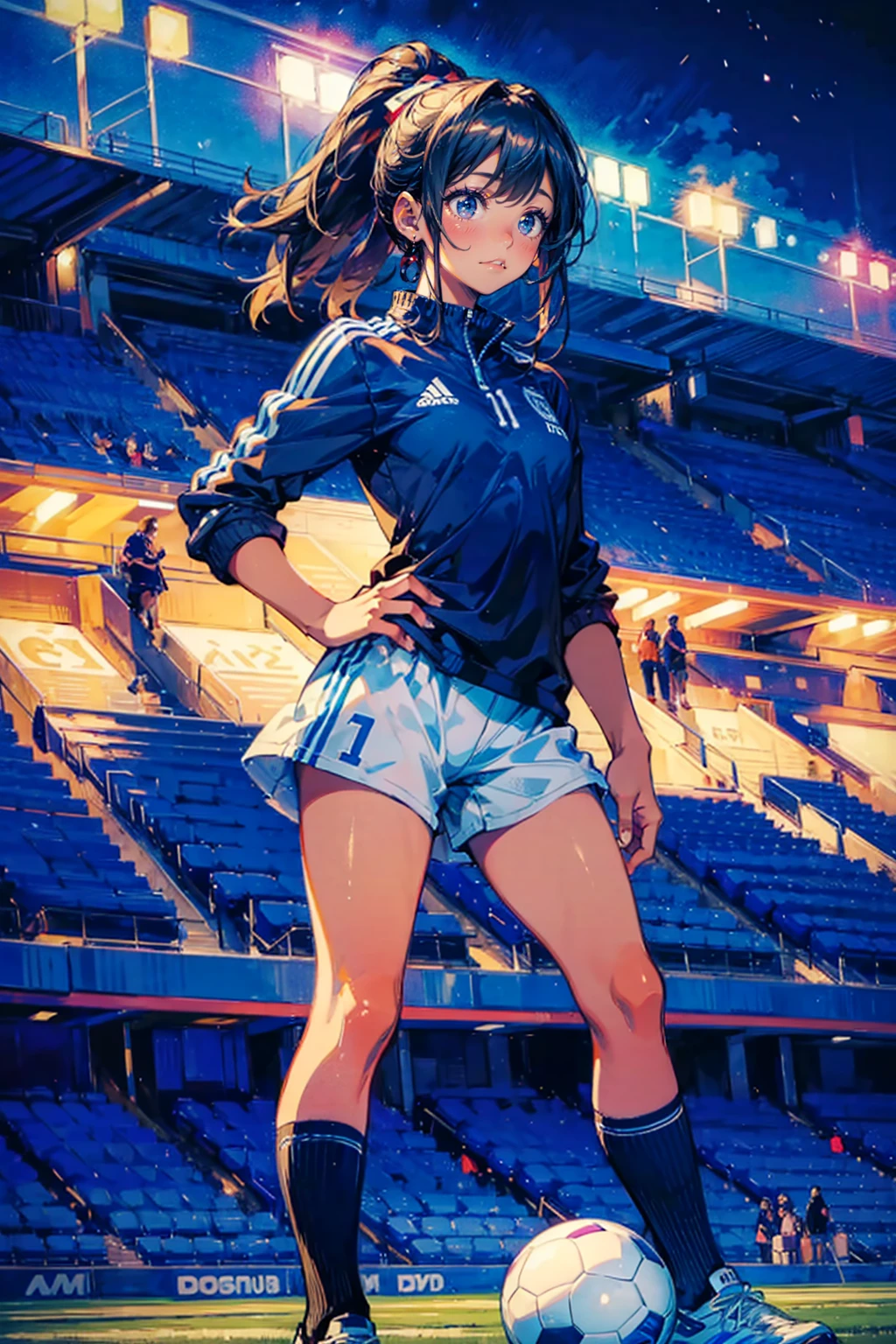 1girl,solo,cool,she is soccer player,she is lefty,soccer uniform,in stadium,at night