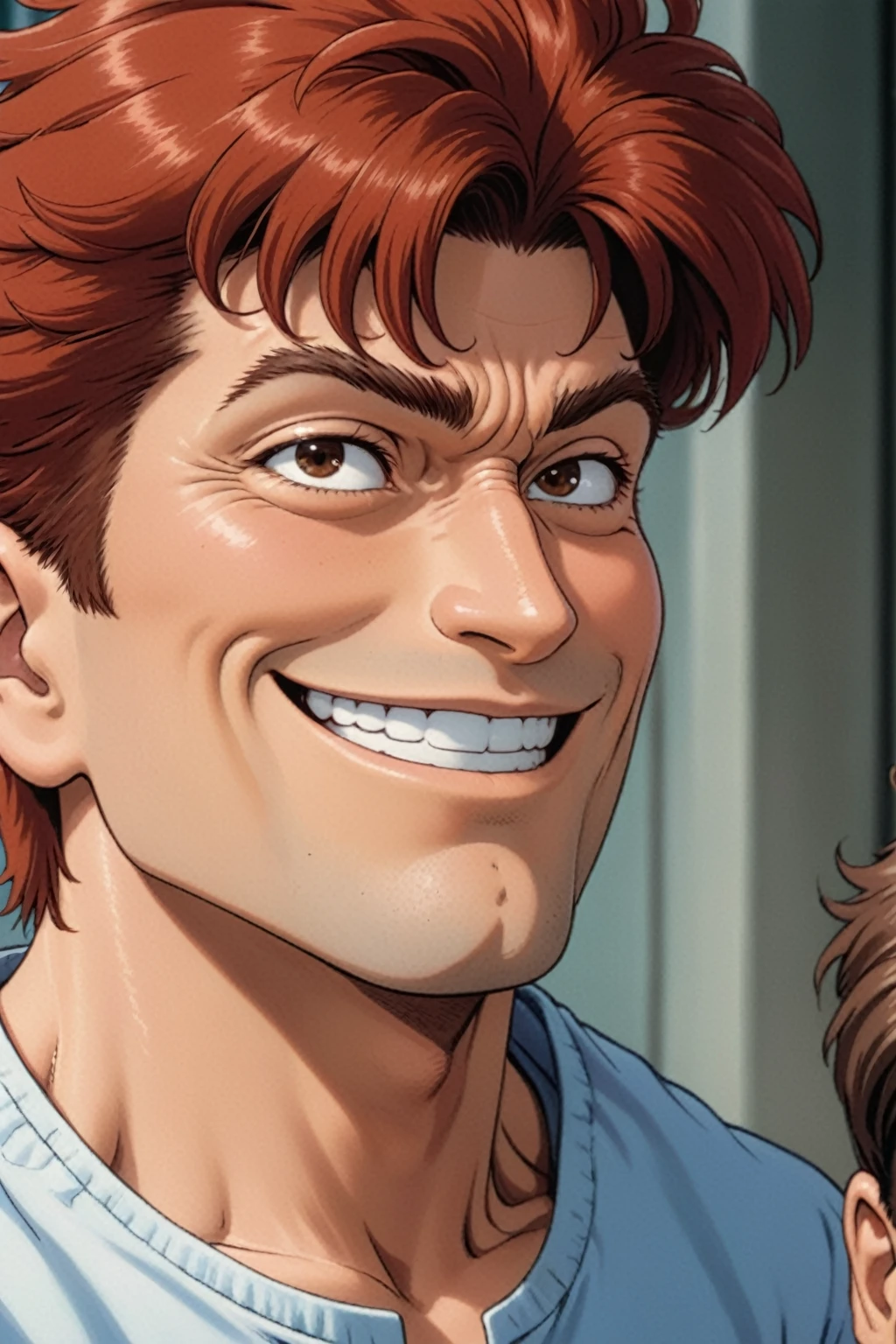 a cartoon picture of  "Kazuma Kuwabara" from "Yu Yu Hakusho", inspired by Adam Dario Keel, reddit, mingei, a man smiling into the camera, low quality footage, vhs screencap, ( ( extreme detail ) ), meme, sheen, full body shot close up, boomhauer, thicc, tf 2, full body close-up shot, heavy outlines, face shown
