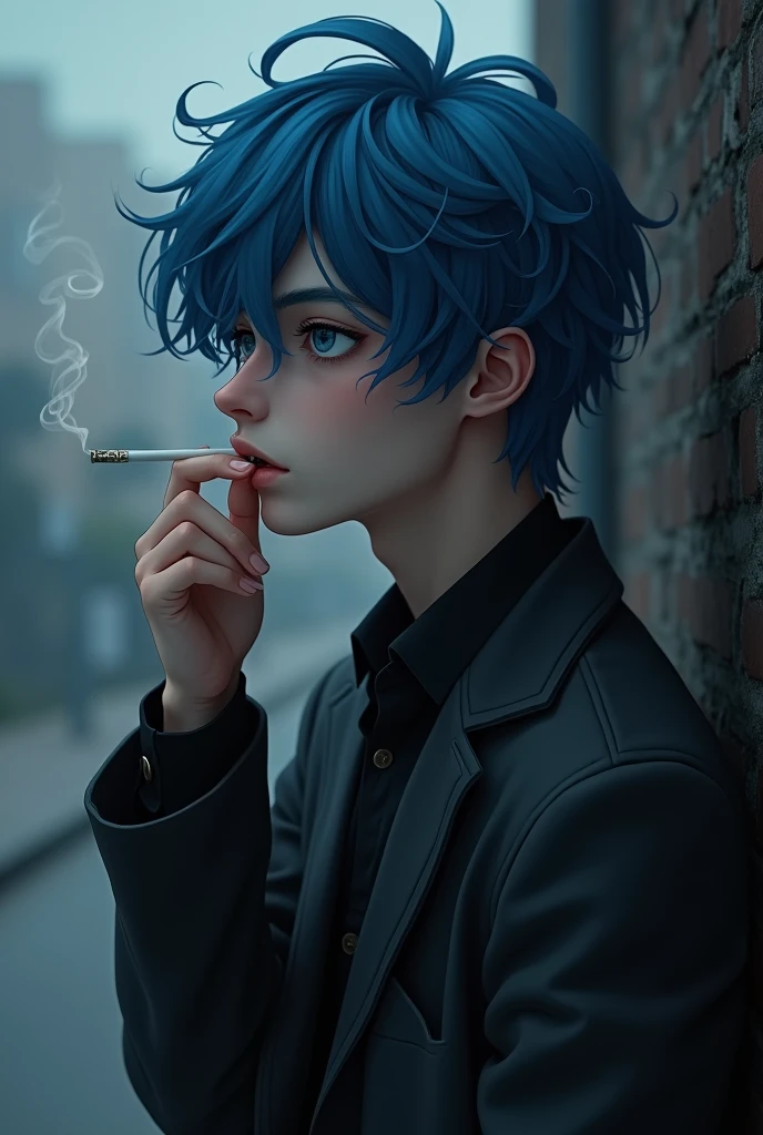 A young man with blue hair smoking a cigarette