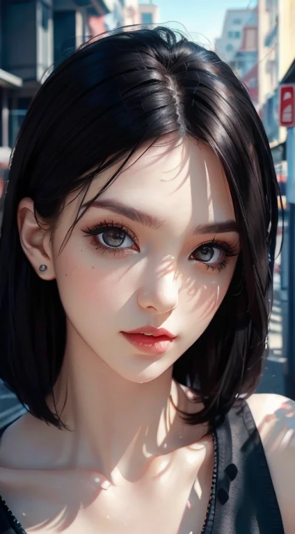 beautiful girl, Half Body Portrait, Short, bright red, messy hair, Black eyeshadow, (Street Style Wear:1.2), (Urban Background:1.2), Heavy makeup, Digital Art, Trending on Art Station, highly detailed, The finer details, Complex, beautiful detailed glow, detailed, Cinematic Light, High resolution, detailed facial features,Sharp focus, Smooth, beautiful,
