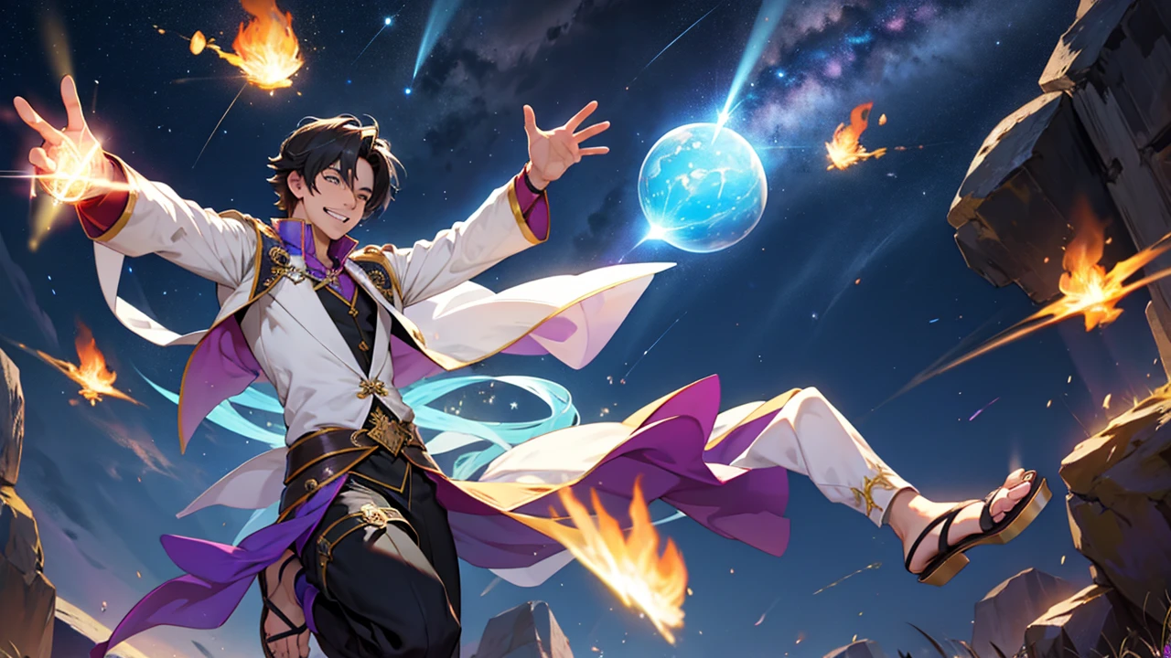 A male magician wearing sandals happily performs meteor light magic