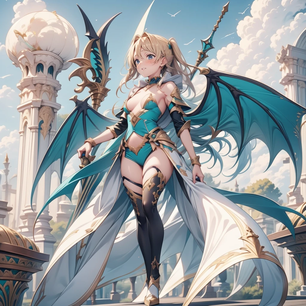 (Turquoise fantasy style) ,(8K),(illusory),Solitary,1 Girl,Yellow hair, Devil's Point,Gradient Wing, Practical, best quality, masterpiece, Ultra Detailed, Ultra-high resolution,rest (outdoor),Flying in the sky,moon,spear,Look at the audience,Scary face