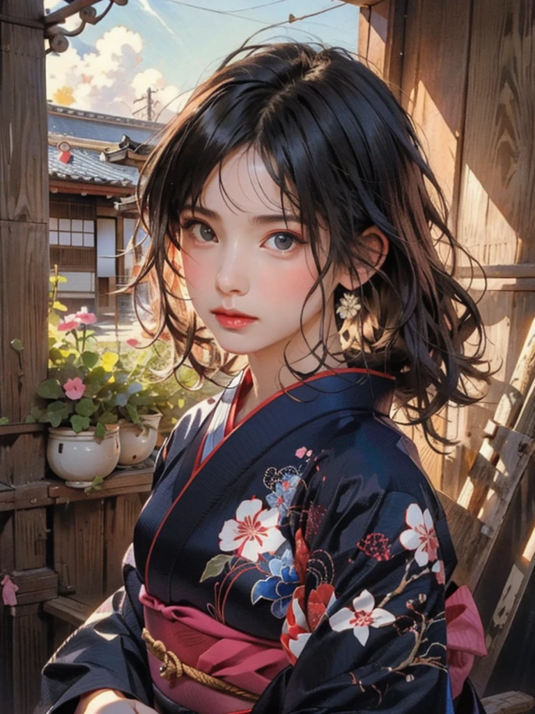 (highest quality、8k、32k、masterpiece)、(masterpiece, up to date,Exceptional:1.2), Anime, One girl,Front hair,black_hair, Beautiful 8k eyes,Looking_in_Audience,One person in,Are standing,((Very beautiful woman, Fuller lips, Japanese pintern kimono))、((Colorful Japanese kimono)))、(((Medium Shot)))、Blunt bung、(High resolution)、Very beautiful face and eyes、1 girl 、Round and small face、Narrow waist、delicine body、(highest quality high detail Rich skin details)、(highest quality、8k、Oil paints:1.2)、Very detailed、(Realistic、Realistic:1.37)、Bright colors、(((blackhair)))、(((longhair)))、(((cowboy pictures)))、((( Inside an old Japanese house)))、(masterpiece, highest quality, highest quality, Official Art, beautifully、aesthetic:1.2), (One girl), Very detailedな,(Fractal Art:1.3),colorful,Most detailed,Sengoku period(High resolution)、Very beautiful face and eyes、1 girl 、Round and small face、Tight waist、Delicine body、(highest quality high detail Rich skin details)、(highest quality、8k、Oil paints:1.2)、(Realistic、Realistic:1.37)、Greg Rutkowski Written by Alphonse Mucha Ropp, sun lips