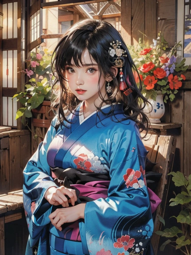 (highest quality、8k、32k、masterpiece)、(masterpiece, up to date,Exceptional:1.2), Anime, One girl,Front hair,black_hair, Beautiful 8k eyes,Looking_in_Audience,One person in,Are standing,((Very beautiful woman, Fuller lips, Japanese pintern kimono))、((Colorful Japanese kimono)))、(((Medium Shot)))、Blunt bung、(High resolution)、Very beautiful face and eyes、1 girl 、Round and small face、Narrow waist、delicine body、(highest quality high detail Rich skin details)、(highest quality、8k、Oil paints:1.2)、Very detailed、(Realistic、Realistic:1.37)、Bright colors、(((blackhair)))、(((longhair)))、(((cowboy pictures)))、((( Inside an old Japanese house)))、(masterpiece, highest quality, highest quality, Official Art, beautifully、aesthetic:1.2), (One girl), Very detailedな,(Fractal Art:1.3),colorful,Most detailed,Sengoku period(High resolution)、Very beautiful face and eyes、1 girl 、Round and small face、Tight waist、Delicine body、(highest quality high detail Rich skin details)、(highest quality、8k、Oil paints:1.2)、(Realistic、Realistic:1.37)、Greg Rutkowski Written by Alphonse Mucha Ropp, sun lips