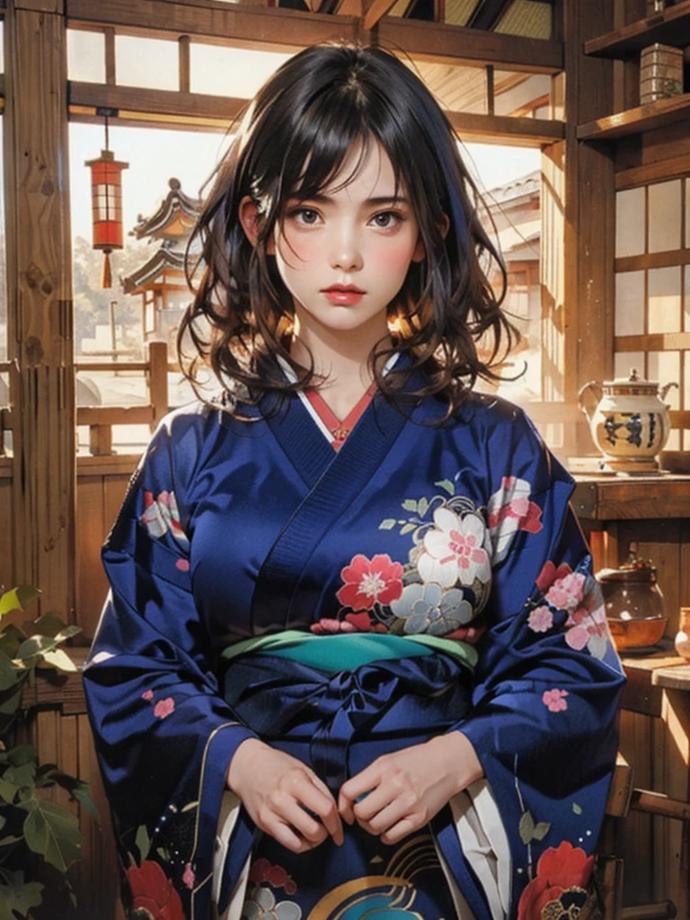 (highest quality、8k、32k、masterpiece)、(masterpiece, up to date,Exceptional:1.2), Anime, One girl,Front hair,black_hair, Beautiful 8k eyes,Looking_in_Audience,One person in,Are standing,((Very beautiful woman, Fuller lips, Japanese pintern kimono))、((Colorful Japanese kimono)))、(((Medium Shot)))、Blunt bung、(High resolution)、Very beautiful face and eyes、1 girl 、Round and small face、Narrow waist、delicine body、(highest quality high detail Rich skin details)、(highest quality、8k、Oil paints:1.2)、Very detailed、(Realistic、Realistic:1.37)、Bright colors、(((blackhair)))、(((longhair)))、(((cowboy pictures)))、((( Inside an old Japanese house)))、(masterpiece, highest quality, highest quality, Official Art, beautifully、aesthetic:1.2), (One girl), Very detailedな,(Fractal Art:1.3),colorful,Most detailed,Sengoku period(High resolution)、Very beautiful face and eyes、1 girl 、Round and small face、Tight waist、Delicine body、(highest quality high detail Rich skin details)、(highest quality、8k、Oil paints:1.2)、(Realistic、Realistic:1.37)、Greg Rutkowski Written by Alphonse Mucha Ropp, sun lips