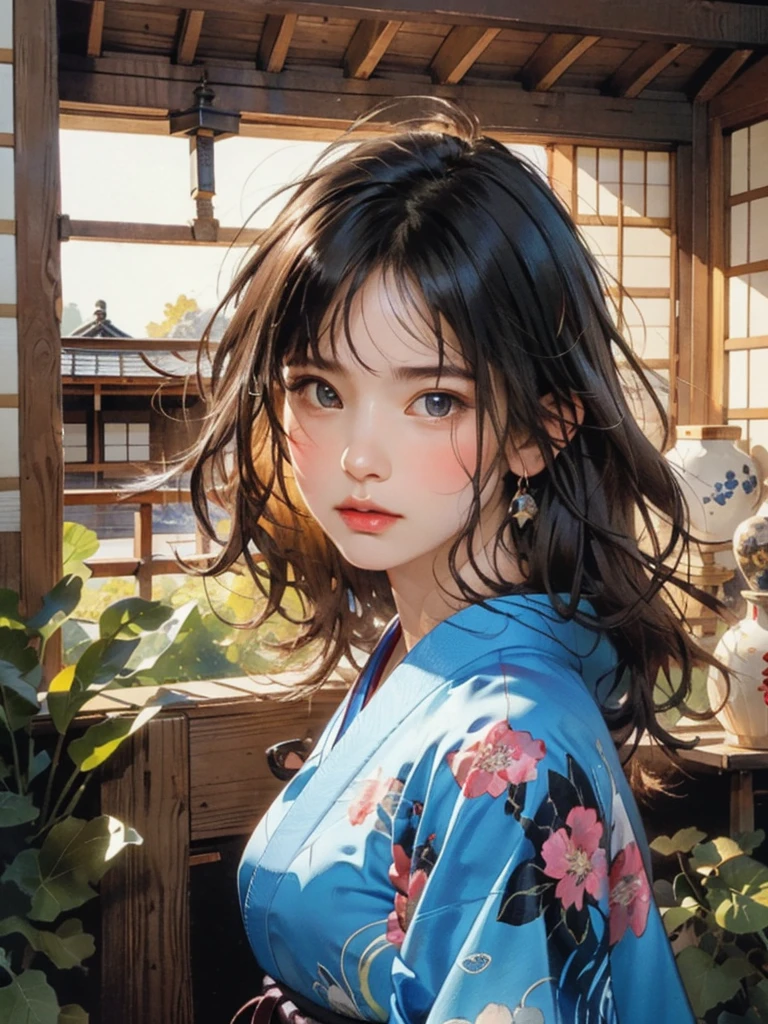 (highest quality、8k、32k、masterpiece)、(masterpiece, up to date,Exceptional:1.2), Anime, One girl,Front hair,black_hair, Beautiful 8k eyes,Looking_in_Audience,One person in,Are standing,((Very beautiful woman, Fuller lips, Japanese pintern kimono))、((Colorful Japanese kimono)))、(((Medium Shot)))、Blunt bung、(High resolution)、Very beautiful face and eyes、1 girl 、Round and small face、Narrow waist、delicine body、(highest quality high detail Rich skin details)、(highest quality、8k、Oil paints:1.2)、Very detailed、(Realistic、Realistic:1.37)、Bright colors、(((blackhair)))、(((longhair)))、(((cowboy pictures)))、((( Inside an old Japanese house)))、(masterpiece, highest quality, highest quality, Official Art, beautifully、aesthetic:1.2), (One girl), Very detailedな,(Fractal Art:1.3),colorful,Most detailed,Sengoku period(High resolution)、Very beautiful face and eyes、1 girl 、Round and small face、Tight waist、Delicine body、(highest quality high detail Rich skin details)、(highest quality、8k、Oil paints:1.2)、(Realistic、Realistic:1.37)、Greg Rutkowski Written by Alphonse Mucha Ropp, sun lips