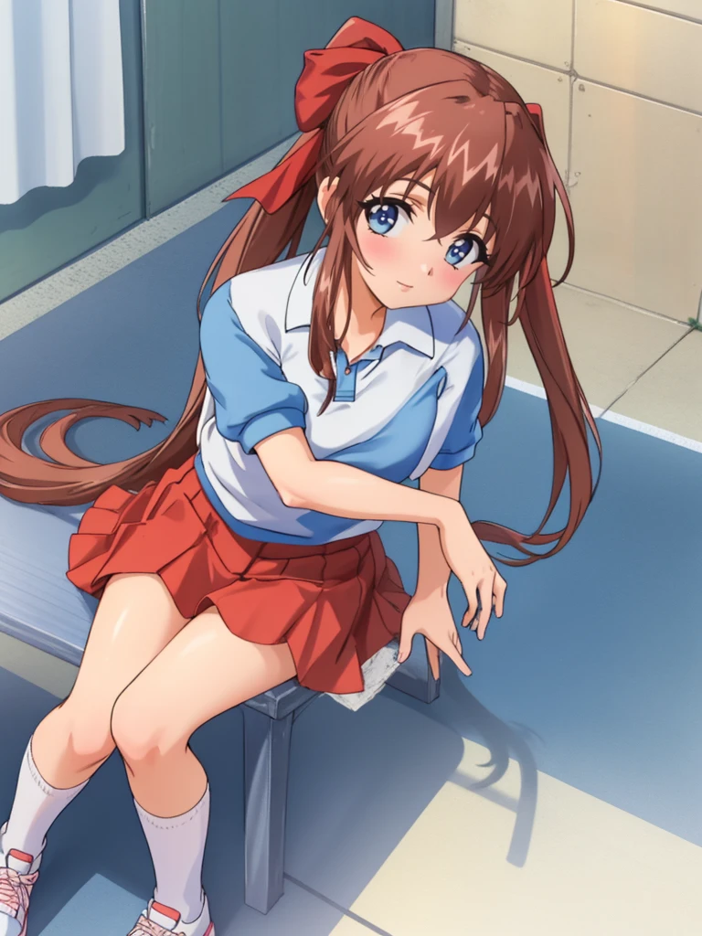 [high quality, 最high quality], Cinematic, Aoi Tennis, One girl, alone, blue eyes, Hair Ribbon, Tennis uniform, Polo shirt, Raglan sleeves, Pleated skirt, Red Skirt,  White knee socks, sneakers, Sitting, Hug your knees, View your viewers, tired, smile, blush, Tennis court, bloom, High resolution, 