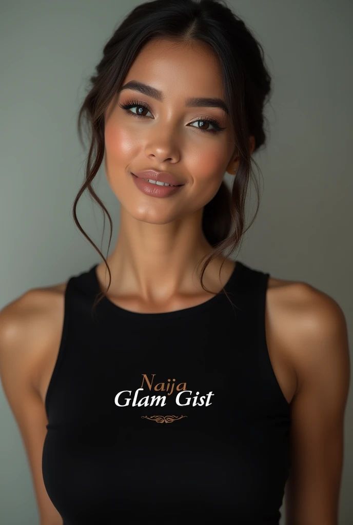 Create a beautiful lady model putting on a black round neck top with the inscription Naija Glam Gist