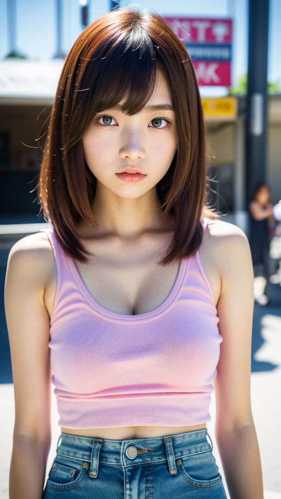 (best quality, 8k, 32k, masterpiece, UHD:1.2), ultra high resolution, extremely detailed, (cute idol face Korean age girl), (13 y), solo, long shot, beautiful detailed eyes, semi long brown fluffy hair, bangs, (wearing pink tank-top and denim shorts), large breasts, cleavage, (crowded city boulevard on a bright sunny day:1.3), perfect professional lighting, (detailed background:1.5)