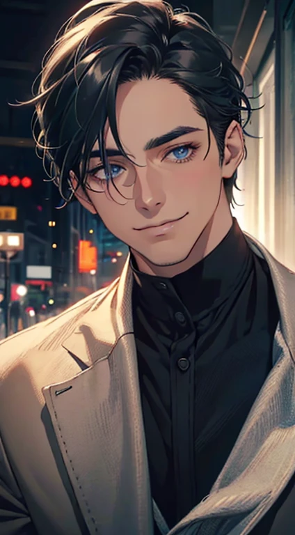 a mature man with short grey Black hair, blue eyes, 31 years, and a perfect face, smiling in love, CEO, cinematic lighting, 1:4 HDR image, top view, ultra detailed, best quality, masterpiece, 8K, photorealistic, beautiful image
