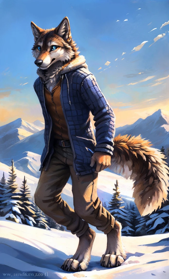 ((Solo)), male people, anthro wolf, (Multi-colored fur, White-brown:1.3，White tail pointed), (Height 2.1m,Tail length 1.2m), ((Wolf face, Big eyes, White eyelids, Blue pupil, Slim:1.2) (Tough, Calm expression:1.2)), Slim, pinging)), (Correct anatomy), (Winter clothing:1.1), The upper body  naked, (detailed outfits),A long big tail，Feet，(Realistic fur, Detailed fur texture, labeled:1.3)), (Natural lighting), Photorealistic, Hyperrealistic, ultradetailed, by Kenket，Snowfield，erect through，Running on