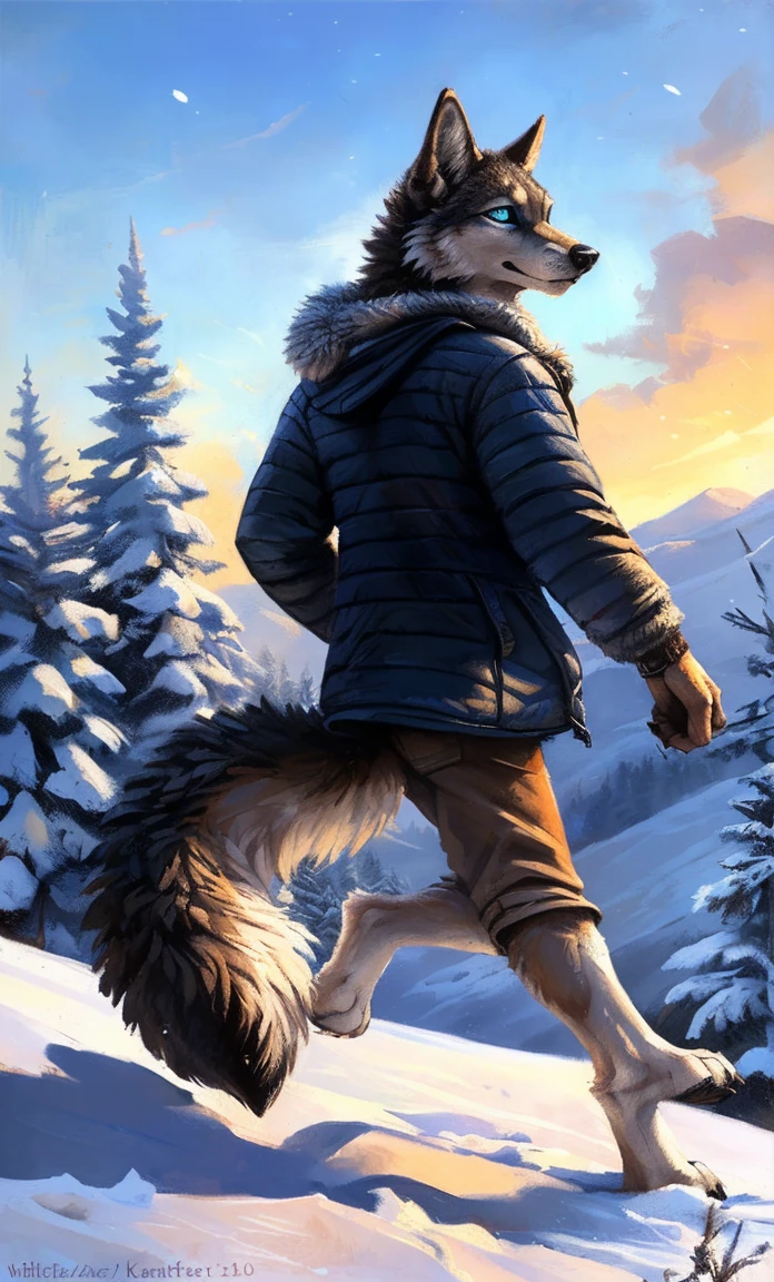 ((Solo)), male people, anthro wolf, (Multi-colored fur, White-brown:1.3,White tail pointed), (Height 2.1m,Tail length 1.2m), ((Wolf face, Big eyes, White eyelids, Blue pupil, Slim:1.2) (Tough, Calm expression:1.2)), Slim, pinging)), (Correct anatomy), (Winter clothing:1.1), The upper body naked, (detailed outfits),A long big tail,Feet,(Realistic fur, Detailed fur texture, labeled:1.3)), (Natural lighting), Photorealistic, Hyperrealistic, ultradetailed, by Kenket,Snowfield,erect through,Running on