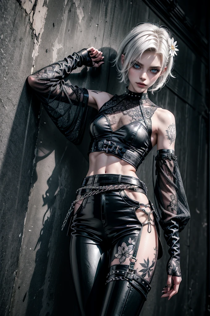 (Detailed illustrations, Very detailed and detailed drawing, Delicate lines with slow and rapid, Realistic texture expression), One woman with very short white hair with black tips, ( emo hairstyle, ), goth, pale white skin, evil smirk, (girls bedroom background), dark lighting, cold atmosphere, lore_Emma , blue eyes , dark eyeliner, (ultra dark glossy black lipstick), bored expression, gorgeous face , super cute, 18 years old , hyper detailed face, (super skinny figure , small breast, thin waist), back leaning against wall, one raised arm behind head, slim legs, slim hips, LowriseXL, (ultra low rise wet look shiny leather pants with transparent flower pattern), (mesh shirt with flower pattern under bare shoulder white t-shirt), black choker, vulva tattoo, (white lotus flower in hair), ((flower pattern tattoo)), fingerless leather gloves, (black nail polish), faded tattoo's, ((thigh belt)), ((hip chains)), ((belt hanging on hip)), ((many studded belts))