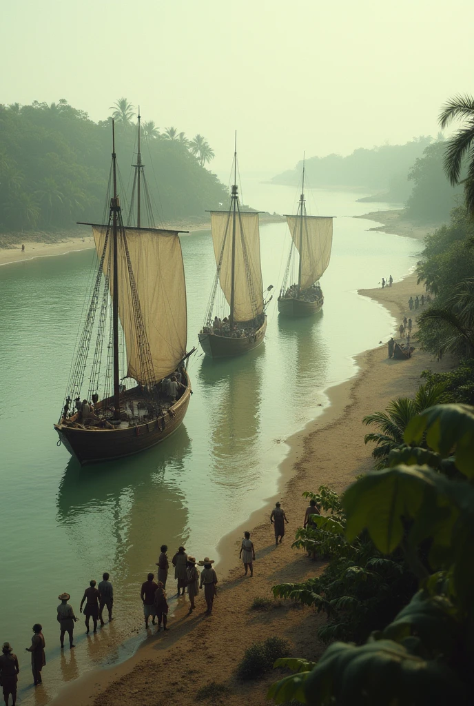 "Recreate the historical moment of the first European colonizers arriving in Brazil in the 16th century. The scene should be set on a cloudy morning on the northeastern coast of Brazil, with a panoramic view of the beach. In the foreground, show a small fleet of wooden caravels gently sailing on greenish waters. The crew is busy preparing to disembark, wearing period-appropriate clothing such as linen shirts and felt hats. In the background, tropical trees and dense Atlantic rainforest are visible.
Add light mist over the sea to simulate a humid and hot climate. Use a 50mm lens to capture the scene with sharp focus on the ships and a slight blur in the background. The camera should be a high-resolution DSLR to ensure crisp details on the textures of the ships and vegetation. Include a subtle sepia filter to mimic the look of old photographs, creating a soft, vintage tone and blur on the edges."