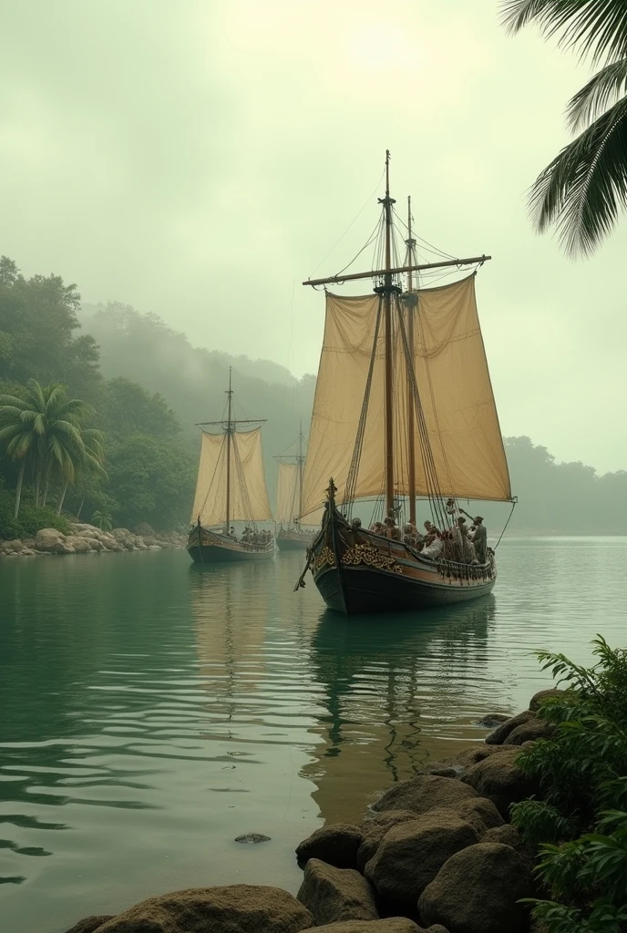 "Recreate the historical moment of the first European colonizers arriving in Brazil in the 16th century. The scene should be set on a cloudy morning on the northeastern coast of Brazil, with a panoramic view of the beach. In the foreground, show a small fleet of wooden caravels gently sailing on greenish waters. The crew is busy preparing to disembark, wearing period-appropriate clothing such as linen shirts and felt hats. In the background, tropical trees and dense Atlantic rainforest are visible.
Add light mist over the sea to simulate a humid and hot climate. Use a 50mm lens to capture the scene with sharp focus on the ships and a slight blur in the background. The camera should be a high-resolution DSLR to ensure crisp details on the textures of the ships and vegetation. Include a subtle sepia filter to mimic the look of old photographs, creating a soft, vintage tone and blur on the edges."