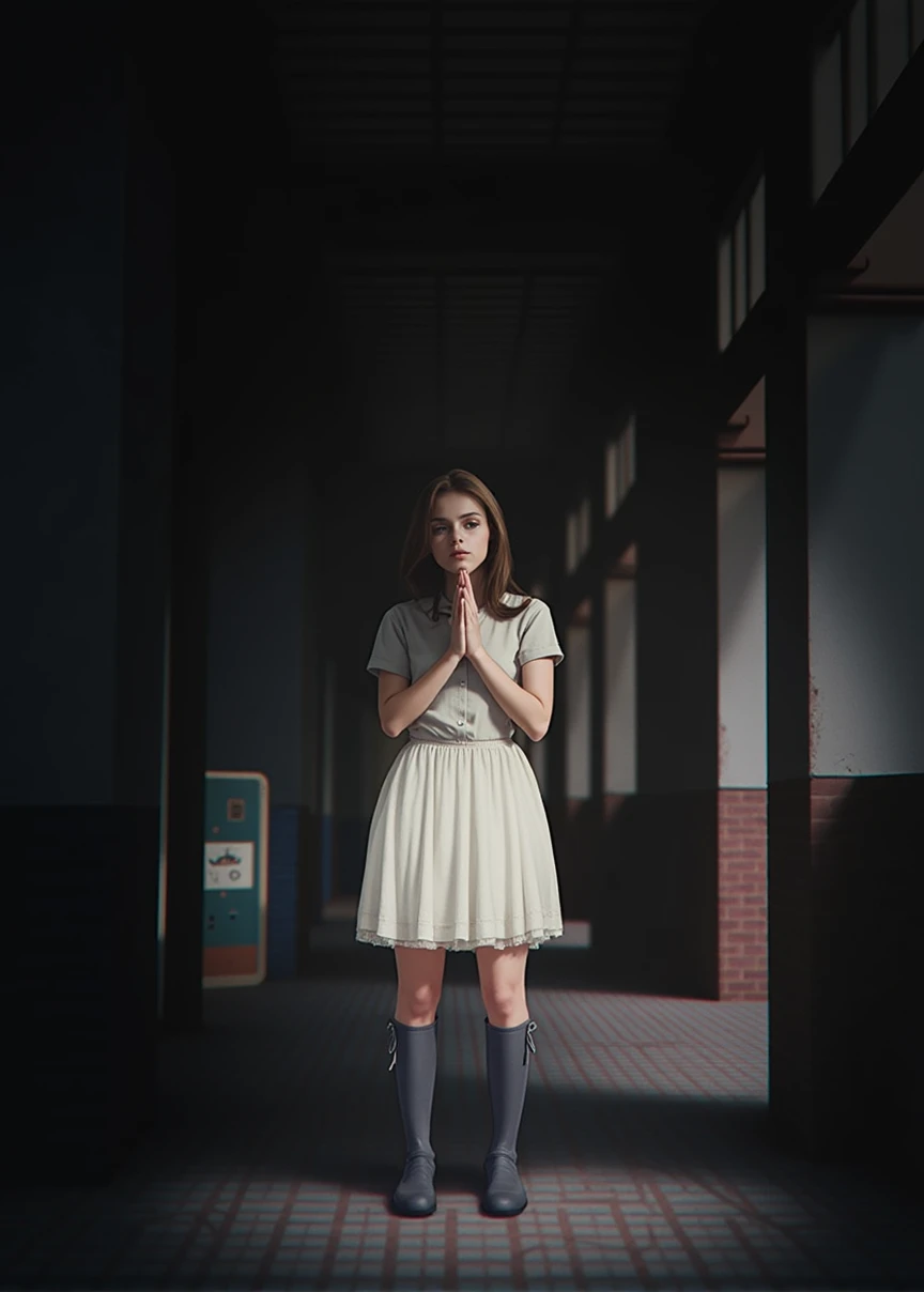 Nightmare、Hallucination、school,The hooded person covers their eyes , The space is distorted、colorful、dreamlike、The colors are so vibrant、The person's shadow is distorted ,Cover your mouth with your hand,The backdrop is a wasteland.