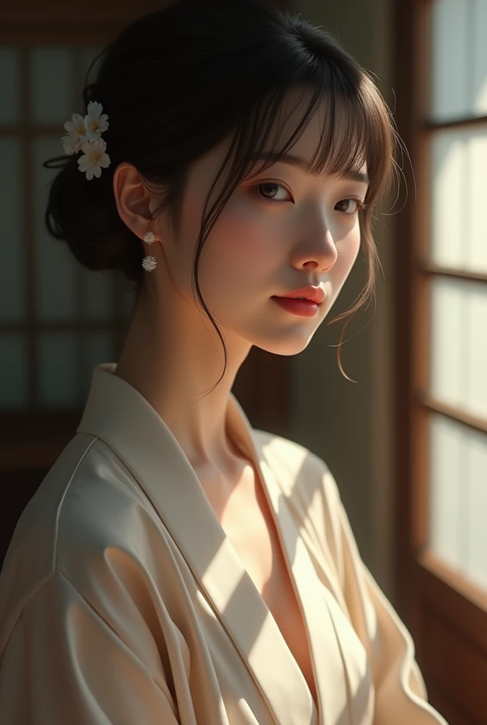 An elegantly dressed Japanese woman in natural light、A close-up of her chest and calm expression.、It shows her inner peace and outer charm.。