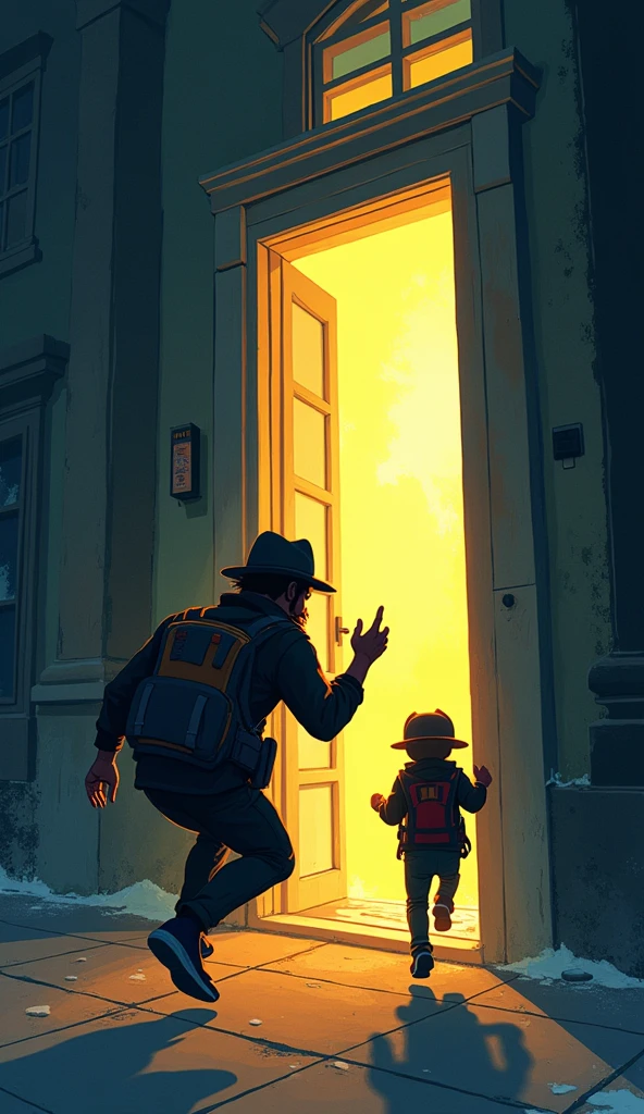 Make an illustration about: two guys who are hacking something and the police discover them and they start running away one jumps out the window and the other goes out the door do everything in Disney format