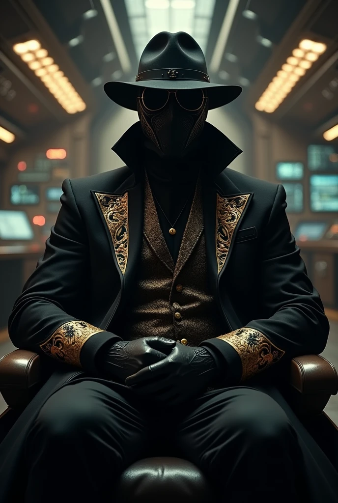 "A mysterious figure sits confidently in a dimly lit spaceship control room, bathed in the faint glow of scattered sci-fi lights. The character wears a long black coat, similar to Dante's from Devil May Cry, but now adorned with intricate gold ornaments that catch the sparse light. The coat's high collar and luxurious gold details add an air of regality to the otherwise dark and enigmatic figure. The character's face remains concealed by a sleek black mask and dark sunglasses, with a black fedora perched on their head, tilted slightly forward. The dimly lit environment reveals only hints of advanced technology and control panels surrounding the figure, creating an atmosphere of secrecy and power. The scene exudes a sense of calm authority and hidden strength, with the golden accents subtly shimmering against the dark backdrop of the spaceship."