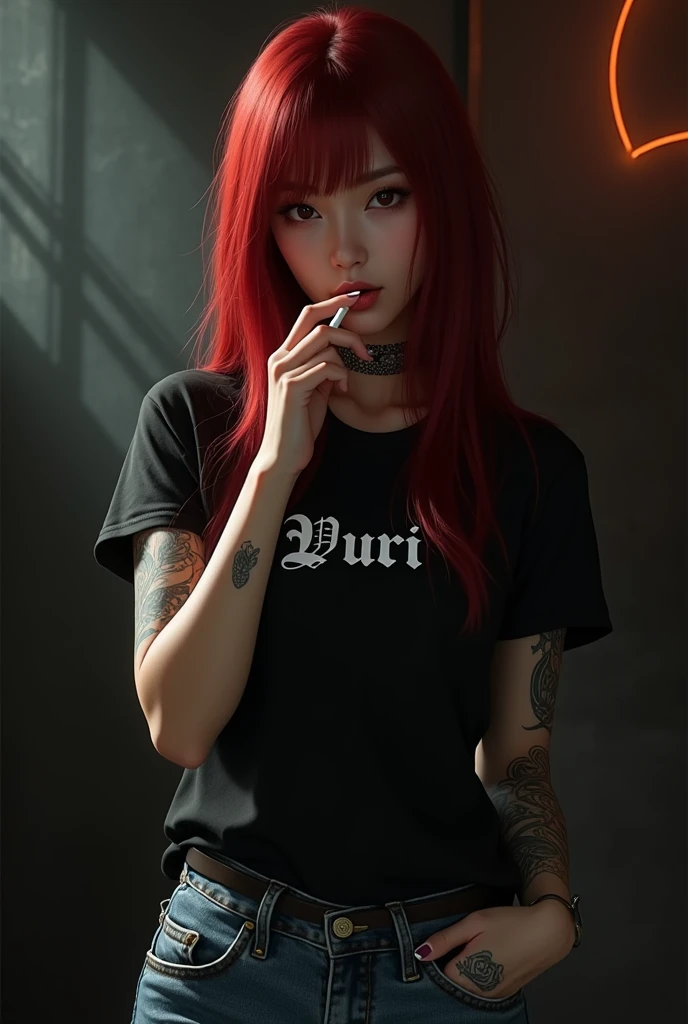 Korean beautiful tattoo woman,  wearing black t-shirt with Yuri writtenon it, jeans, long straight red hair, giving mafia vibes , smoking cigarettes, ai , , intricate details, hard lighting, 