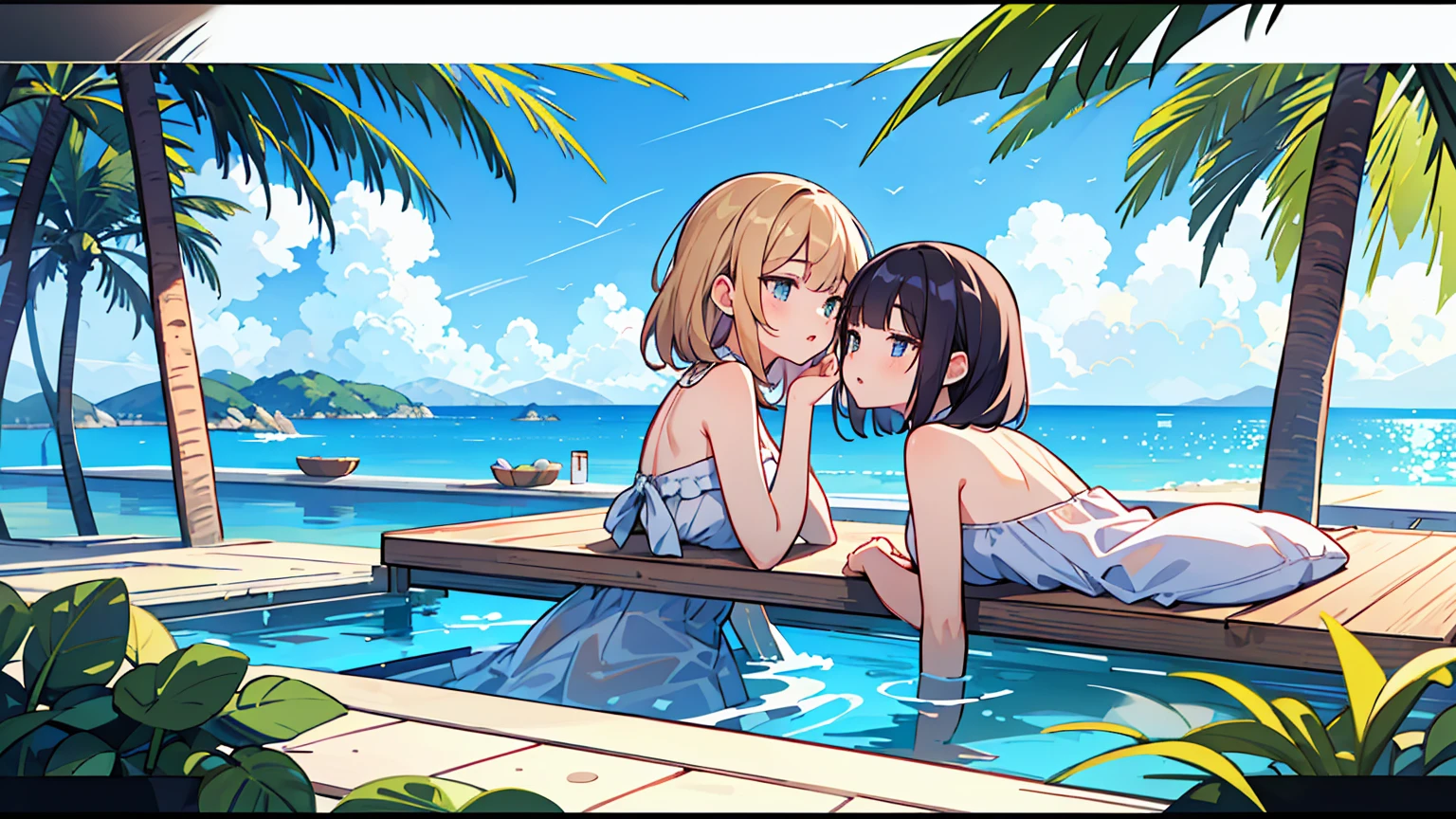 (masterpiece, best quality),2 women, different hair colors, different faces,letterboxed, perfection of fashion,chapped lips, sleeveless,dress,upper body, from the side,Infinity Pool,The horizon is reflected,Lounge Chair,marble floor,Advanced Table,outdoor

 