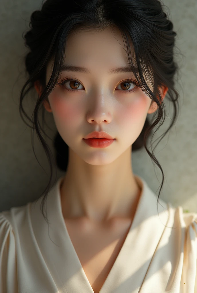 An elegantly dressed Japanese woman in natural light、A close-up of her chest and calm expression.、It shows her inner peace and outer charm.。