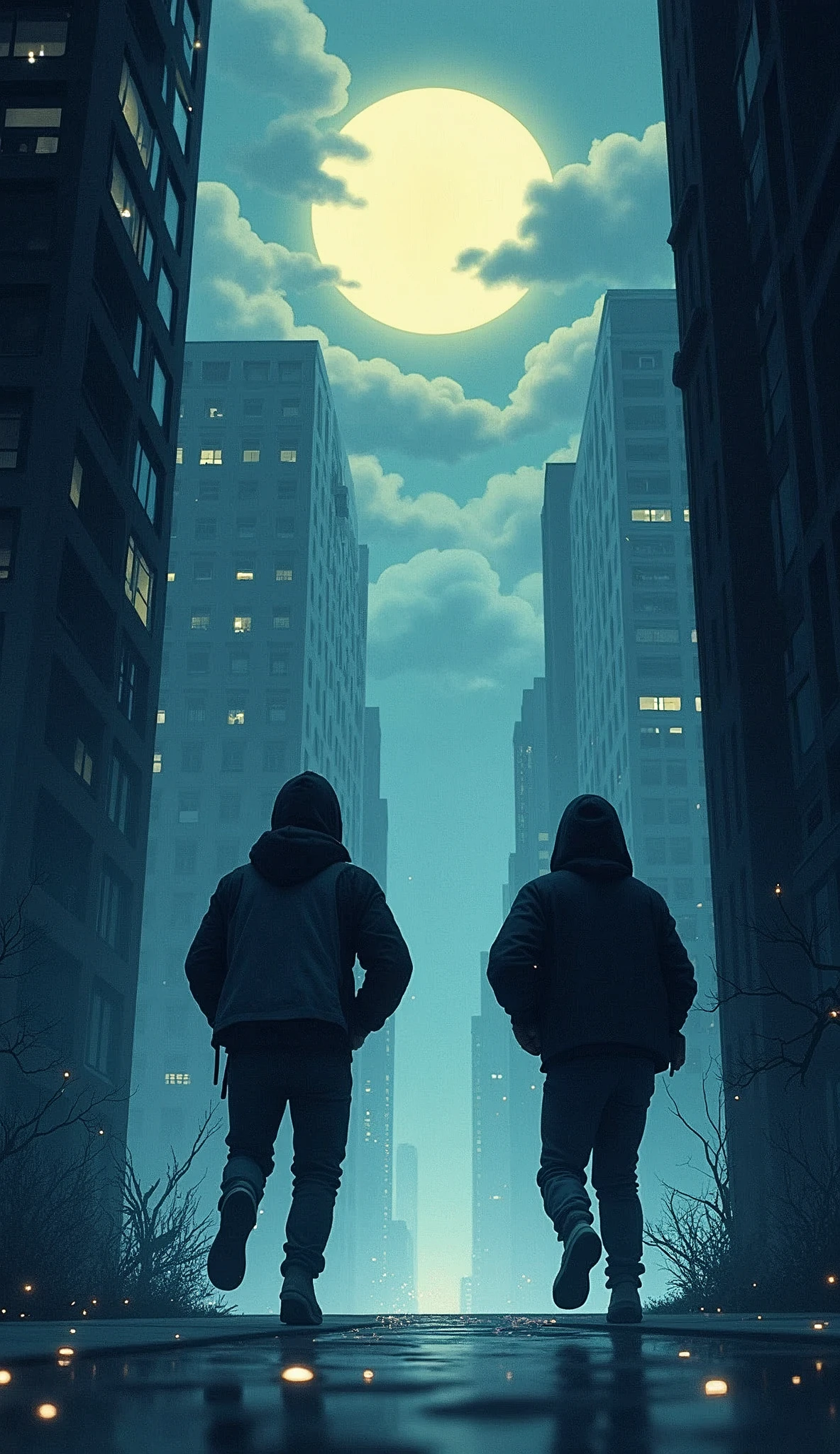 Make an illustration about: two guys who are hacking something and the police discover them and they start running away one jumps out the window and the other goes out the door do everything in Disney format