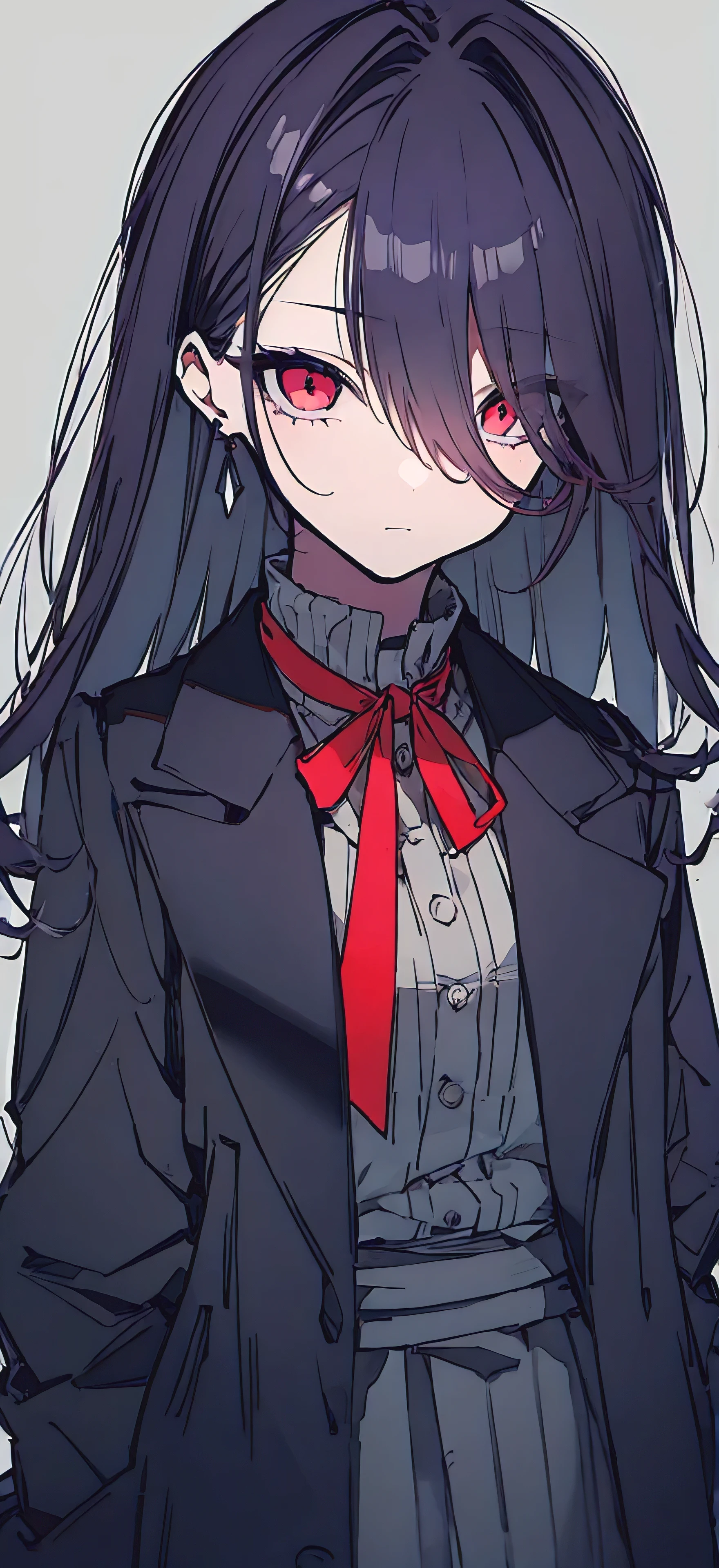 One Girl, Highest quality, Bright purple hair、Black leather coat、bright red eyes、Sharp Eye、Determined eyes、depression、About 15 years old、Dark clothing、Gray background、Long Hair、I'm thinking、Deep breathing、Show all、Red jewel earrings