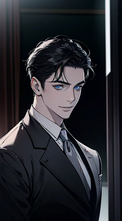 a mature man with short grey Black hair, blue eyes, 31 years, and a perfect face, smiling in love, CEO, cinematic lighting, 1:4 HDR image, top view, ultra detailed, best quality, masterpiece, 8K, photorealistic, beautiful image