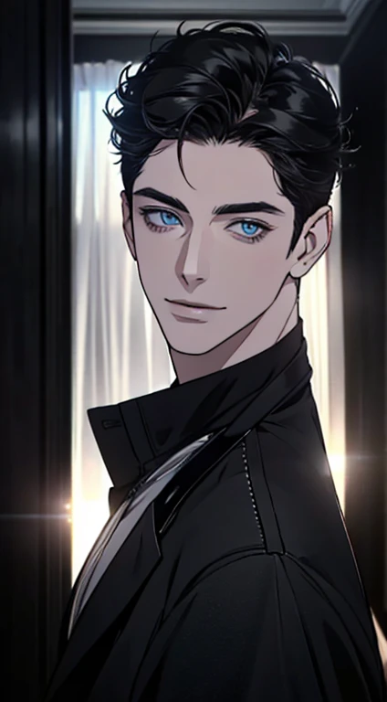 a mature man with short grey Black hair, blue eyes, 31 years, and a perfect face, smiling in love, CEO, cinematic lighting, 1:4 HDR image, top view, ultra detailed, best quality, masterpiece, 8K, photorealistic, beautiful image