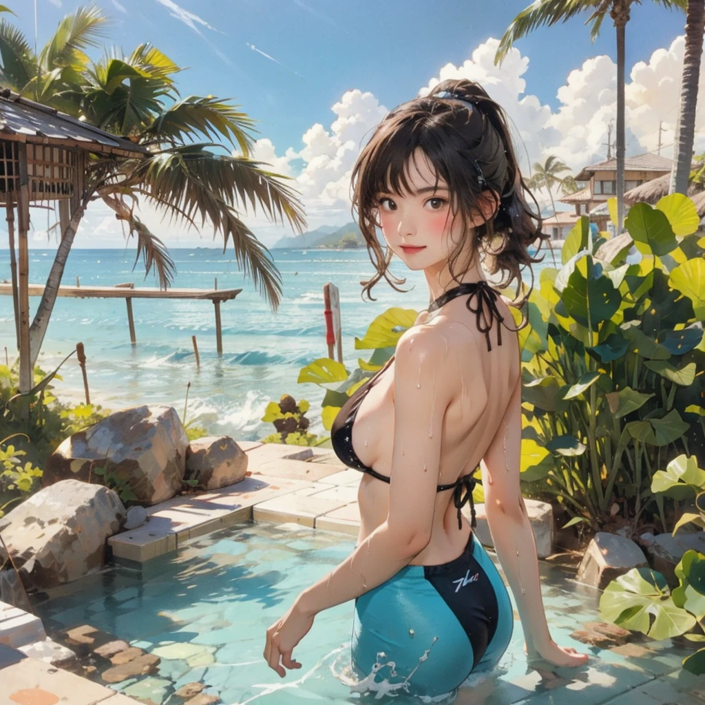 ((highest quality, masterpiece, High resolution)), ((reality)),Photos of beautiful Japanese women,((anime art))、 (((1 girl))), normal size breasts, slim body shape, long ponytail,double eyelid, Wet see-through micro bikini, A pareo with bold ethnic patterns and plenty of primary colors、(Brown skin:1.4),realistic skin、Wet,whole body,cinematic light、tropical、Against the background of palm trees on both sides、on a sunny beach、With the sea in the background、blur background、smile