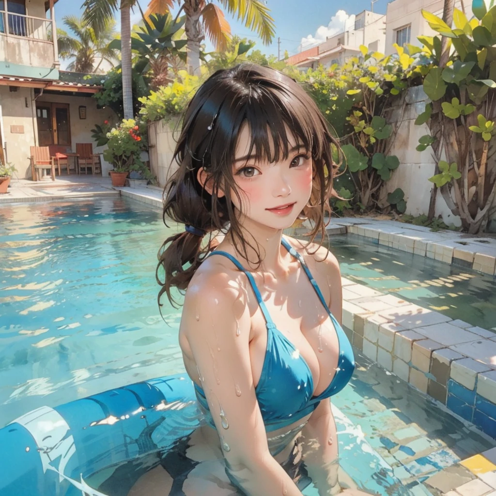 ((highest quality, masterpiece, High resolution)), ((reality)),Photos of beautiful Japanese women,((anime art))、 (((1 girl))), normal size breasts, slim body shape, long ponytail,double eyelid, Wet see-through micro bikini, A pareo with bold ethnic patterns and plenty of primary colors、(Brown skin:1.4),realistic skin、Wet,whole body,cinematic light、tropical、Against the background of palm trees on both sides、on a sunny beach、With the sea in the background、blur background、smile