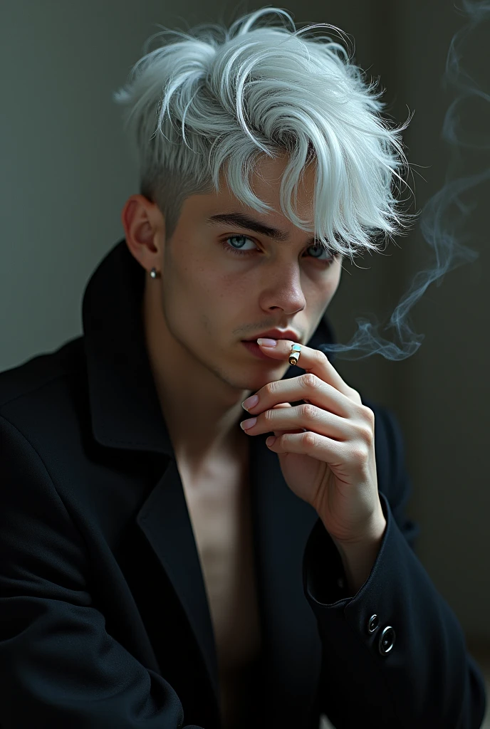 A sexy young man with silver hair holding a cigarette