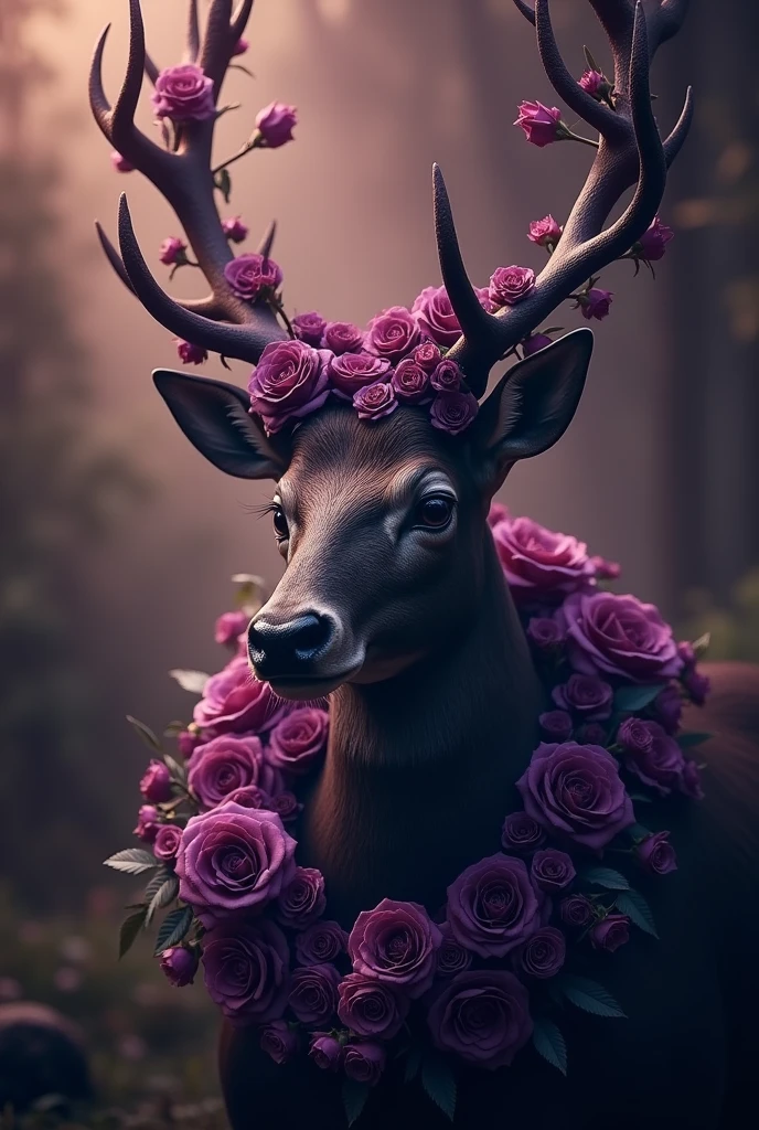 Create only  deer head with Roses in purple and black,mystical warm touch,gothic