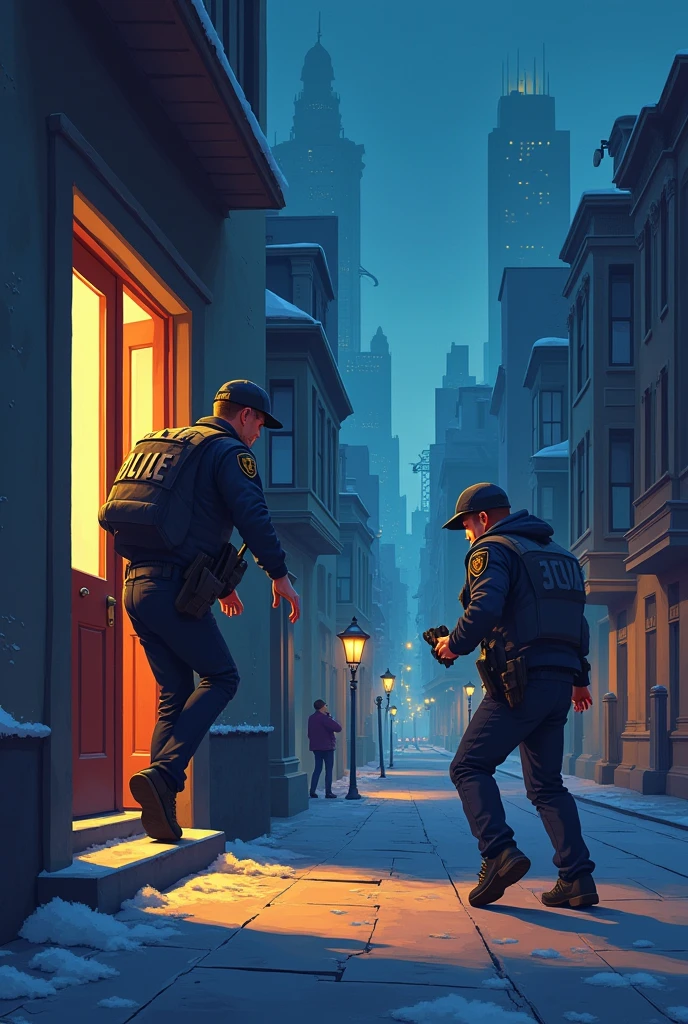 Make an illustration about: two guys who are hacking something and the police discover them and they start running away one jumps out the window and the other goes out the door do everything in Disney format do the police and the guys