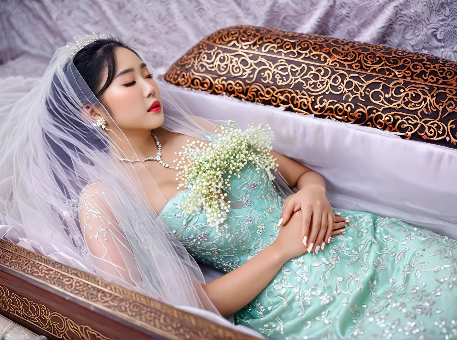 In a striking 8K HDR scene, a stunning Korean woman, 22 years old, lies peacefully in a long coffin and coffin lid beside the dead body. surrounded by plush pillows behind head. The deep box is set against a rich white background, accentuating the beauty of the subject. Her exquisite deep-V neckline kebaya attire is embroidered with superb detail, showcasing her round and firm breasts, perfect cleavage, and beautiful eyebrows. Her closed eyes and mouth give an air of serenity, while her visible and absolute cleavage leave nothing to imagination. The scene is bathed in saturated colors, highlighting every intricate aspect from the ball skirt to her clean face, straight body, detailed hand perfect hands, straight body, own hands together, own hand on stomach, detailed hands, perfect hands, holding the flowers