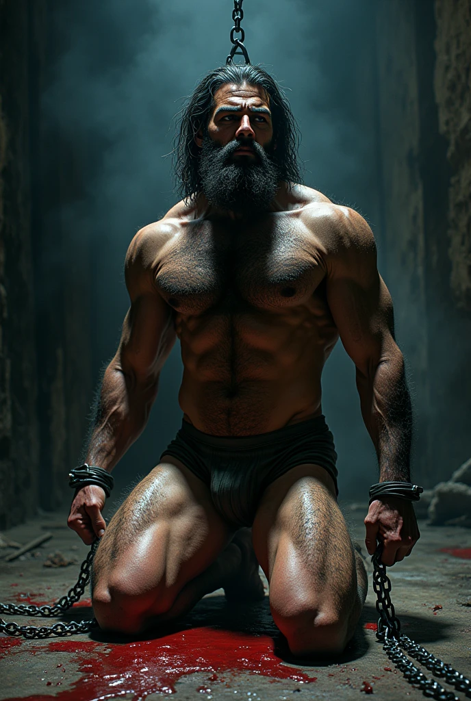 Man in his twenties, well-built, Very hairy body, especially on the pectorals, ABS, shoulders, legs and arms, defiant look, dressed only in a jockstrap, kneeling on the floor with legs chained to the ground, arms tied to a chain hanging from the ceiling above his head, semen stains on his face and on his pectorals, dirty and damp dungeon as a setting, red and blue lights, turbid atmosphere, realistic and detailed skin, realistic and detailed hair, Realistic and detailed body, realistic and detailed jockstrap, realistic and detailed scenery