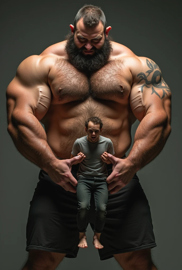 Strong giant man, lusty, hairy chest, desired, holding in his hands a little man 10cm tall and scared
