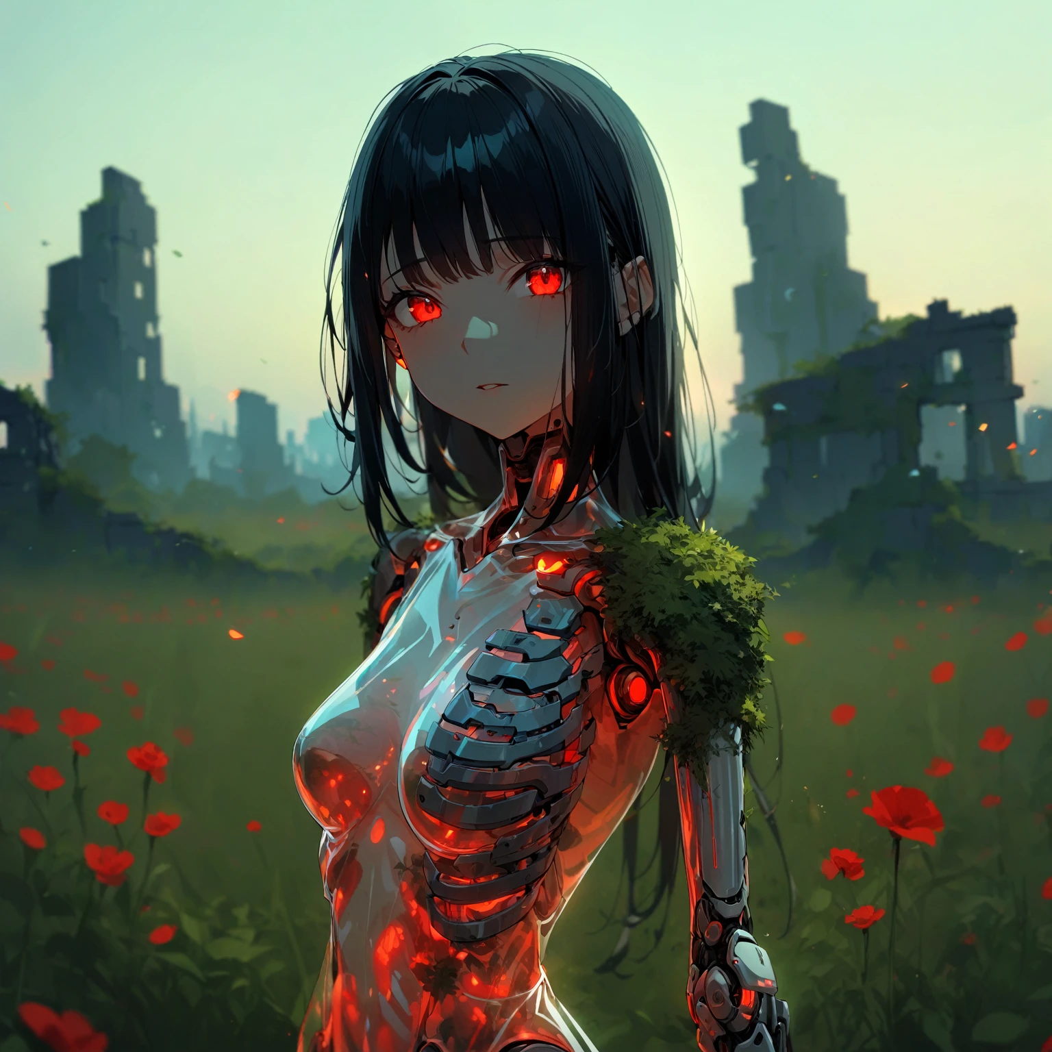 1girl, 20yo、black hair, red eyes, skeleton body, Vinyl Translucent dress、Bones visible, moss on body、robot joints:1.3、evening、red light、Ruins, flower field, high-resolution image, leotard, see-through,android, joints, robot joints, dynamic pose、fisheye lens、green sky、foot focuASTERPIECE, BEST QUALITY, HIGH QUALITY, HIGHRES, ABSURDRES, PERFECT COMPOSITION, INTRICATE DETAILS, ULTRA-DETAILED, PERFECT FACE, PERFECT EYES, NEWEST, AESTHETIC,