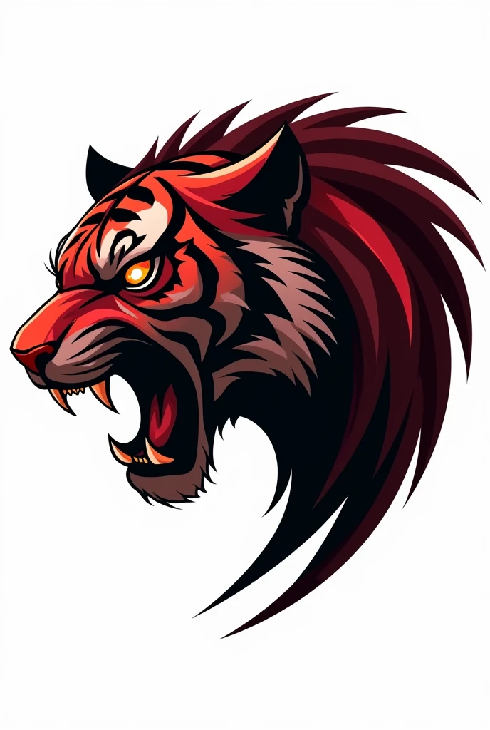 create image of a roaring tiger in black colors, red and wine for a logo with a white background, just your head to the side