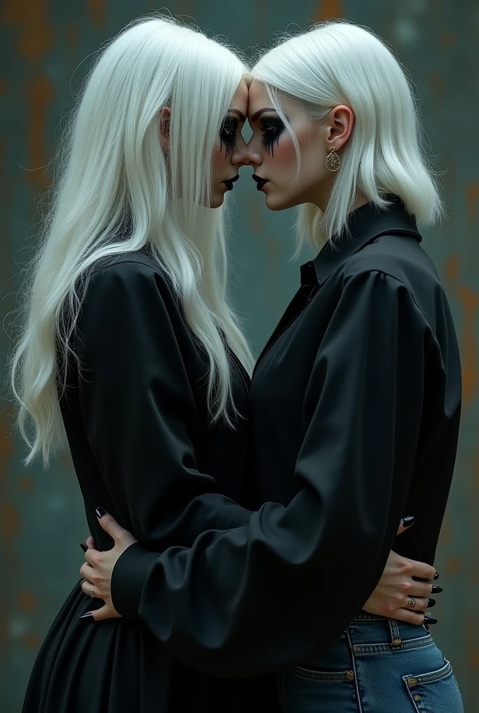 (best quality,4k,8k,highres,masterpiece:1.2), ultra-detailed, (realistic,photorealistic,photo-realistic:1.37),(best quality:1.2), 1 girls,1 boy,, face to face, looking at each other, standing apart, both standing apart, kissing, blue jeans, full body,(best quality, high resolution, ultra-detailed), A scary girl, full body, pale skin, (long white hair) and crazy, (((golden eyes))), dark and mysterious appearance, iron nails,(( white hair)) gothic aura, evil smile, demonic presence, dark shadow, black lipstick, frighteningly beautiful, frightening atmosphere, penetrating gauze, intense expression, shrouded in shadows, threatening aura, dressed in black, frightening vibration, sinister presence, mystical background , distorted creativity, frighteningly elegant, mesmerizing presence, enchanted darkness, sinister vibration, devilish charm, fierce and powerful, ethereal beauty, macabre charm, intoxicating allure, magical aura, imposing presence