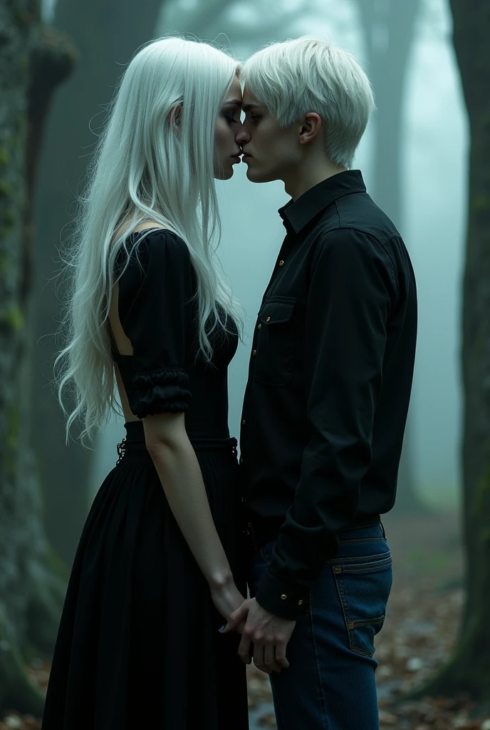 (best quality,4k,8k,highres,masterpiece:1.2), ultra-detailed, (realistic,photorealistic,photo-realistic:1.37),(best quality:1.2), 1 girls,1 boy,, face to face, looking at each other, standing apart, both standing apart, kissing, blue jeans, full body,(best quality, high resolution, ultra-detailed), A scary girl, full body, pale skin, (long white hair) and crazy, (((golden eyes))), dark and mysterious appearance, iron nails,(( white hair)) gothic aura, evil smile, demonic presence, dark shadow, black lipstick, frighteningly beautiful, frightening atmosphere, penetrating gauze, intense expression, shrouded in shadows, threatening aura, dressed in black, frightening vibration, sinister presence, mystical background , distorted creativity, frighteningly elegant, mesmerizing presence, enchanted darkness, sinister vibration, devilish charm, fierce and powerful, ethereal beauty, macabre charm, intoxicating allure, magical aura, imposing presence
