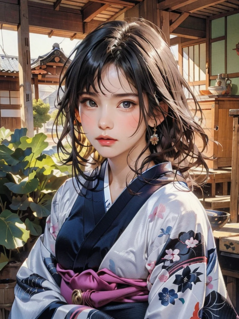 (highest quality、8k、32k、masterpiece)、(masterpiece, up to date,Exceptional:1.2), Anime, One girl,Front hair,black_hair, Beautiful 8k eyes,Looking_in_Audience,One person in,Are standing,((Very beautiful woman, Fuller lips, Japanese pintern kimono))、((Colorful Japanese kimono)))、(((Medium Shot)))、Blunt bung、(High resolution)、Very beautiful face and eyes、1 girl 、Round and small face、Narrow waist、delicine body、(highest quality high detail Rich skin details)、(highest quality、8k、Oil paints:1.2)、Very detailed、(Realistic、Realistic:1.37)、Bright colors、(((blackhair)))、(((longhair)))、(((cowboy pictures)))、((( Inside an old Japanese house)))、(masterpiece, highest quality, highest quality, Official Art, beautifully、aesthetic:1.2), (One girl), Very detailedな,(Fractal Art:1.3),colorful,Most detailed,Sengoku period(High resolution)、Very beautiful face and eyes、1 girl 、Round and small face、Tight waist、Delicine body、(highest quality high detail Rich skin details)、(highest quality、8k、Oil paints:1.2)、(Realistic、Realistic:1.37)、Greg Rutkowski Written by Alphonse Mucha Ropp, sun lips