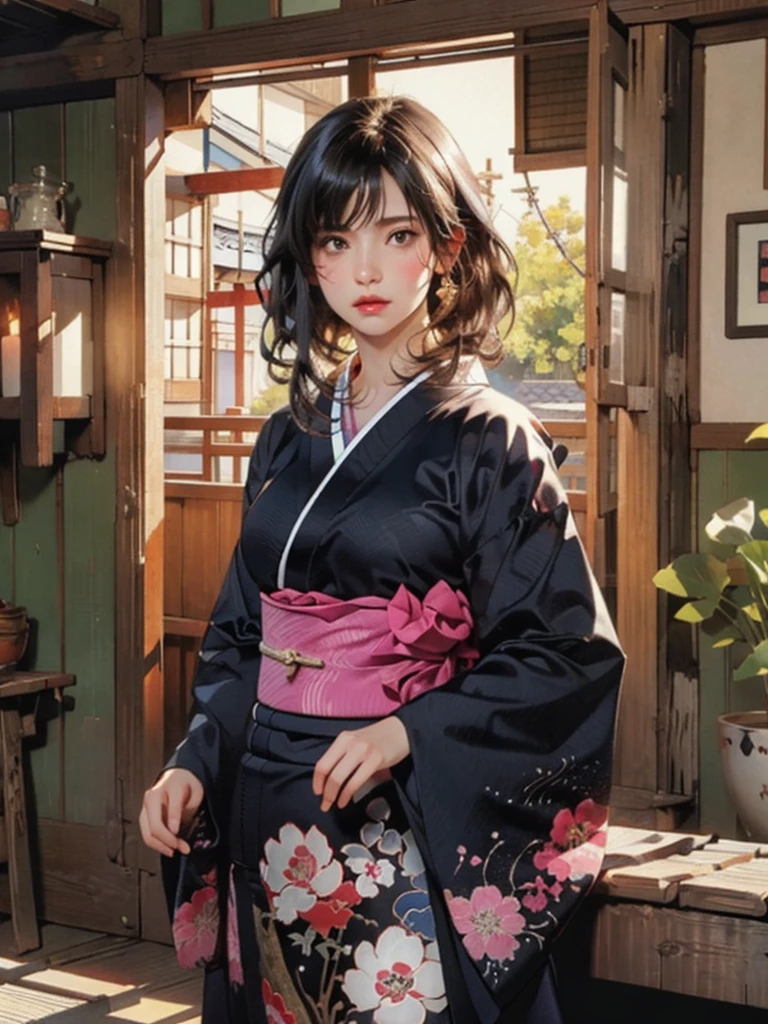 (highest quality、8k、32k、masterpiece)、(masterpiece, up to date,Exceptional:1.2), Anime, One girl,Front hair,black_hair, Beautiful 8k eyes,Looking_in_Audience,One person in,Are standing,((Very beautiful woman, Fuller lips, Japanese pintern kimono))、((Colorful Japanese kimono)))、(((Medium Shot)))、Blunt bung、(High resolution)、Very beautiful face and eyes、1 girl 、Round and small face、Narrow waist、delicine body、(highest quality high detail Rich skin details)、(highest quality、8k、Oil paints:1.2)、Very detailed、(Realistic、Realistic:1.37)、Bright colors、(((blackhair)))、(((longhair)))、(((cowboy pictures)))、((( Inside an old Japanese house)))、(masterpiece, highest quality, highest quality, Official Art, beautifully、aesthetic:1.2), (One girl), Very detailedな,(Fractal Art:1.3),colorful,Most detailed,Sengoku period(High resolution)、Very beautiful face and eyes、1 girl 、Round and small face、Tight waist、Delicine body、(highest quality high detail Rich skin details)、(highest quality、8k、Oil paints:1.2)、(Realistic、Realistic:1.37)、Greg Rutkowski Written by Alphonse Mucha Ropp, sun lips