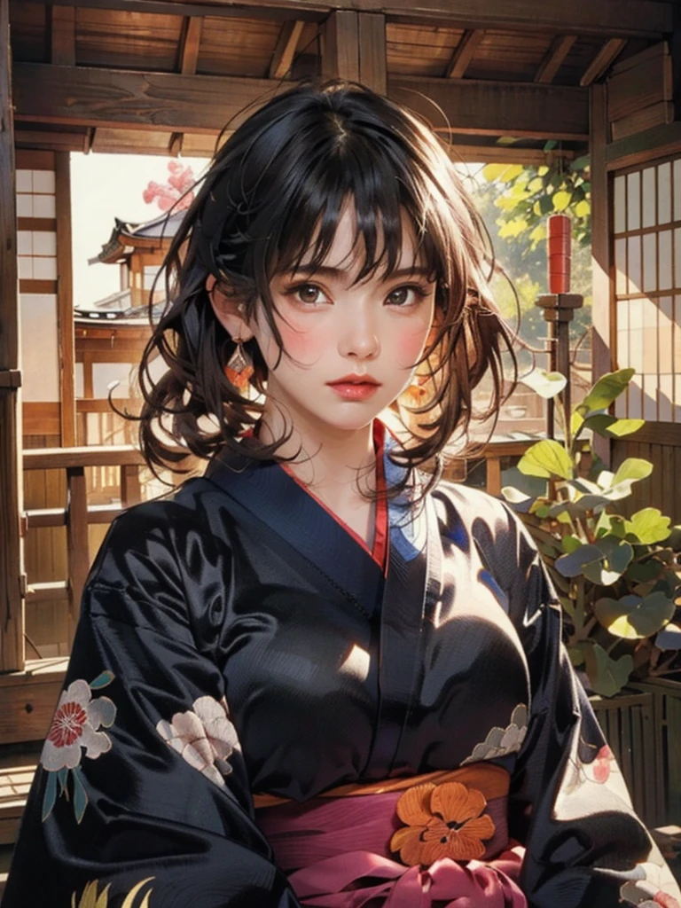 (highest quality、8k、32k、masterpiece)、(masterpiece, up to date,Exceptional:1.2), Anime, One girl,Front hair,black_hair, Beautiful 8k eyes,Looking_in_Audience,One person in,Are standing,((Very beautiful woman, Fuller lips, Japanese pintern kimono))、((Colorful Japanese kimono)))、(((Medium Shot)))、Blunt bung、(High resolution)、Very beautiful face and eyes、1 girl 、Round and small face、Narrow waist、delicine body、(highest quality high detail Rich skin details)、(highest quality、8k、Oil paints:1.2)、Very detailed、(Realistic、Realistic:1.37)、Bright colors、(((blackhair)))、(((longhair)))、(((cowboy pictures)))、((( Inside an old Japanese house)))、(masterpiece, highest quality, highest quality, Official Art, beautifully、aesthetic:1.2), (One girl), Very detailedな,(Fractal Art:1.3),colorful,Most detailed,Sengoku period(High resolution)、Very beautiful face and eyes、1 girl 、Round and small face、Tight waist、Delicine body、(highest quality high detail Rich skin details)、(highest quality、8k、Oil paints:1.2)、(Realistic、Realistic:1.37)、Greg Rutkowski Written by Alphonse Mucha Ropp, sun lips