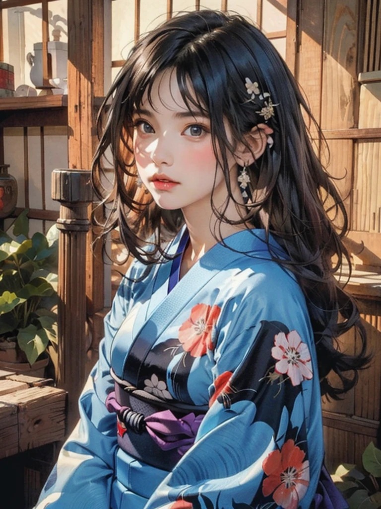 (highest quality、8k、32k、masterpiece)、(masterpiece, up to date,Exceptional:1.2), Anime, One girl,Front hair,black_hair, Beautiful 8k eyes,Looking_in_Audience,One person in,Are standing,((Very beautiful woman, Fuller lips, Japanese pintern kimono))、((Colorful Japanese kimono)))、(((Medium Shot)))、Blunt bung、(High resolution)、Very beautiful face and eyes、1 girl 、Round and small face、Narrow waist、delicine body、(highest quality high detail Rich skin details)、(highest quality、8k、Oil paints:1.2)、Very detailed、(Realistic、Realistic:1.37)、Bright colors、(((blackhair)))、(((longhair)))、(((cowboy pictures)))、((( Inside an old Japanese house)))、(masterpiece, highest quality, highest quality, Official Art, beautifully、aesthetic:1.2), (One girl), Very detailedな,(Fractal Art:1.3),colorful,Most detailed,Sengoku period(High resolution)、Very beautiful face and eyes、1 girl 、Round and small face、Tight waist、Delicine body、(highest quality high detail Rich skin details)、(highest quality、8k、Oil paints:1.2)、(Realistic、Realistic:1.37)、Greg Rutkowski Written by Alphonse Mucha Ropp, sun lips